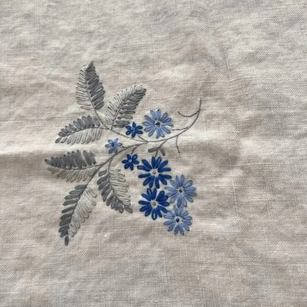 Antique Linen Tablecloth Blue & White Florals Hand Embroidered 64.5 x 47