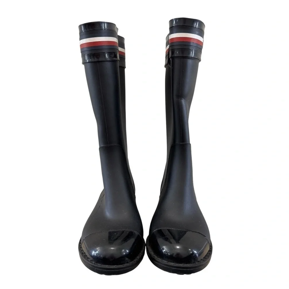 Tommy Hilfiger Black Calf Height Stripe Top Rain Boots 7