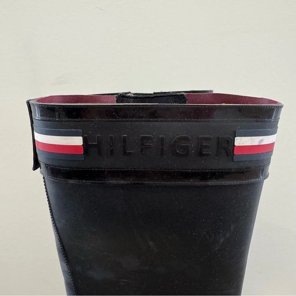 Tommy Hilfiger Black Calf Height Stripe Top Rain Boots 7