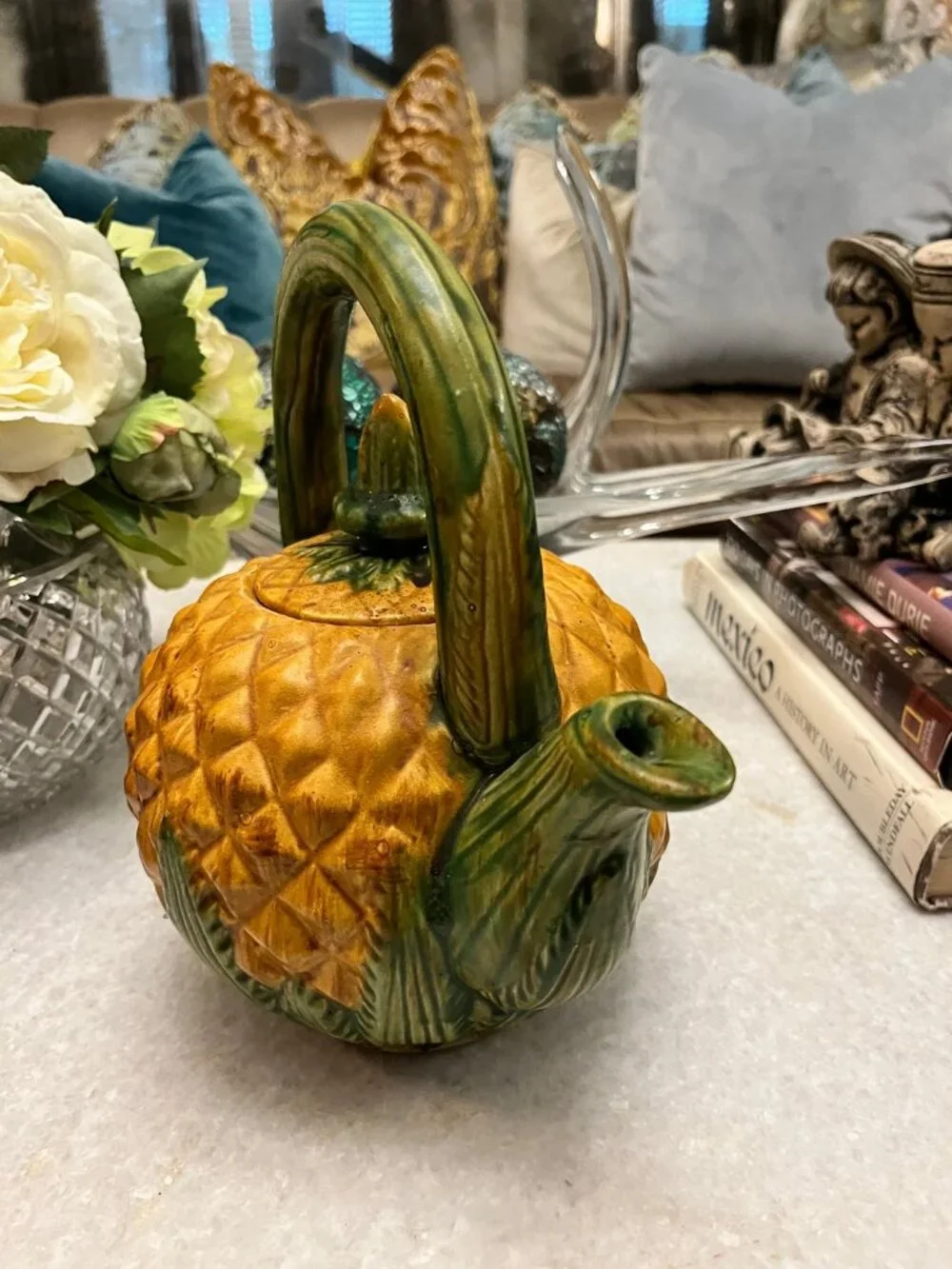 vintage Pivaoni textured pineapple green glazed handle and spout teapot