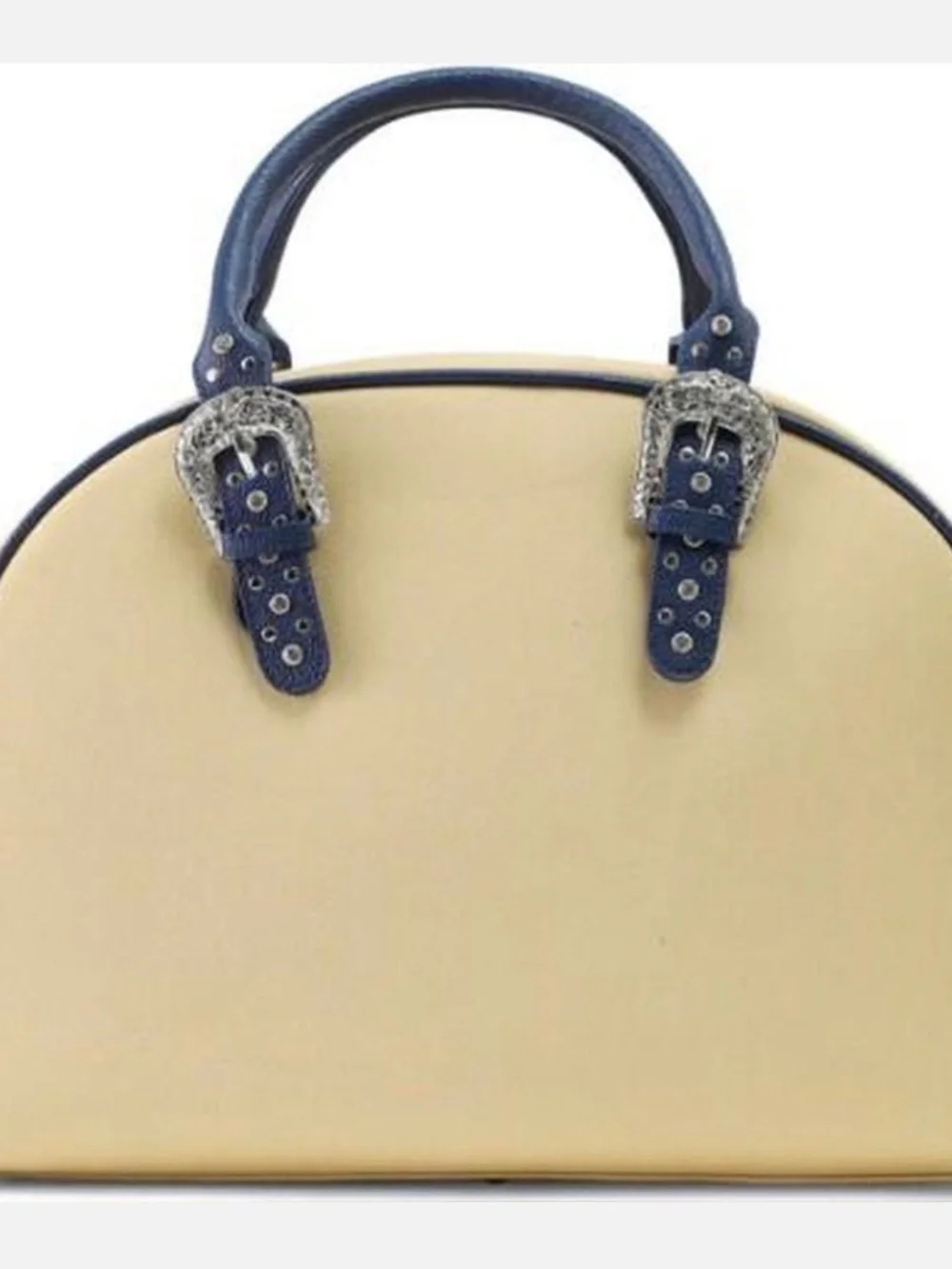 Von Dutch Cream/Navy/Red Logo Satchel Top Handle Zip Studs Buckle Detach Strap