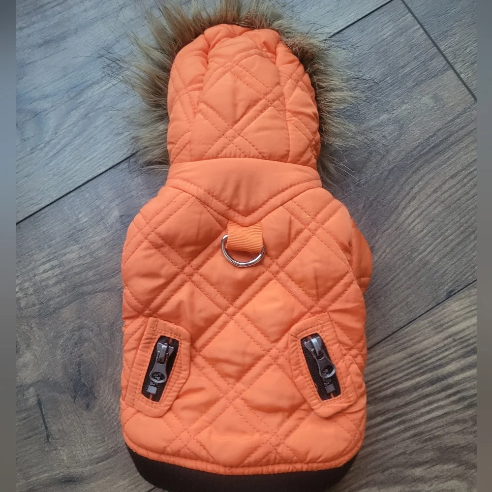 Dog Harness Jacket Orange Quilted Hood W Fur Trim Snap Close XS