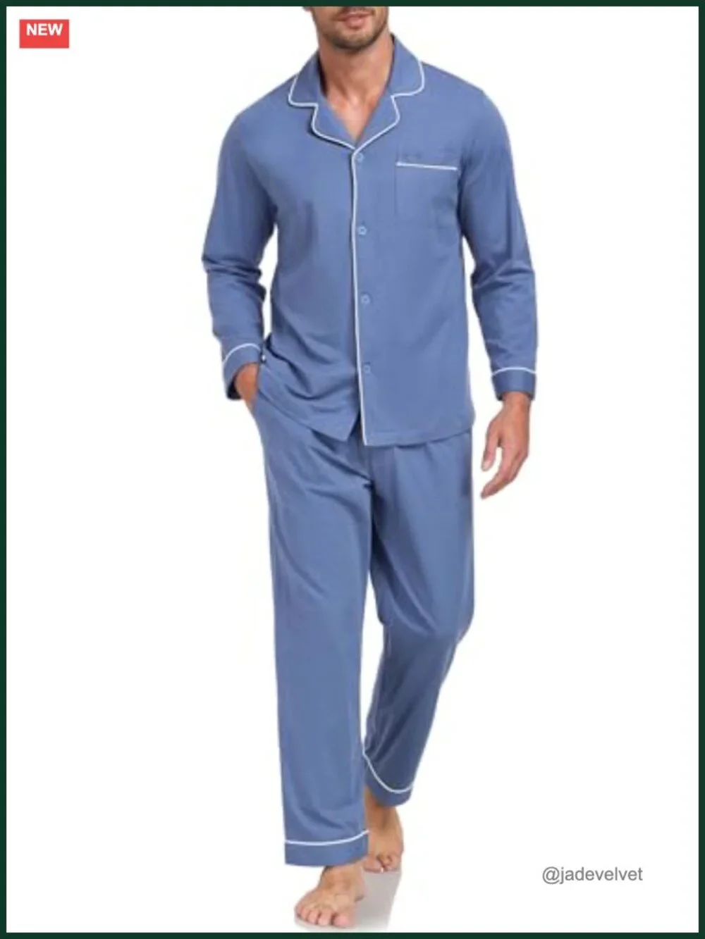 100% Cotton Men's Pajama Set Long Sleeve Sleepwear V-Neck Button Down with