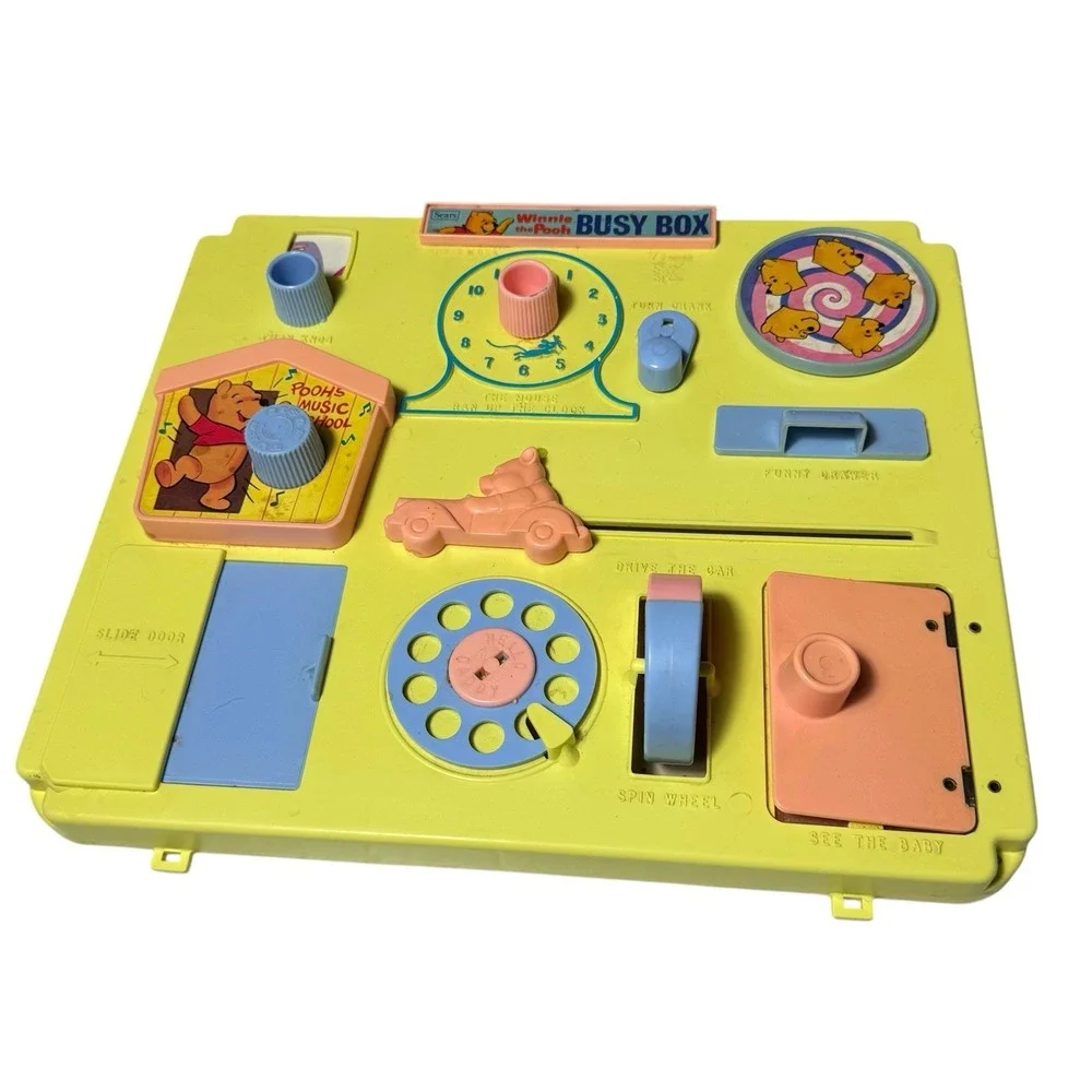 Vintage 1970's Sears Winnie The Pooh Activity Center Busy Box Baby Toy Yellow