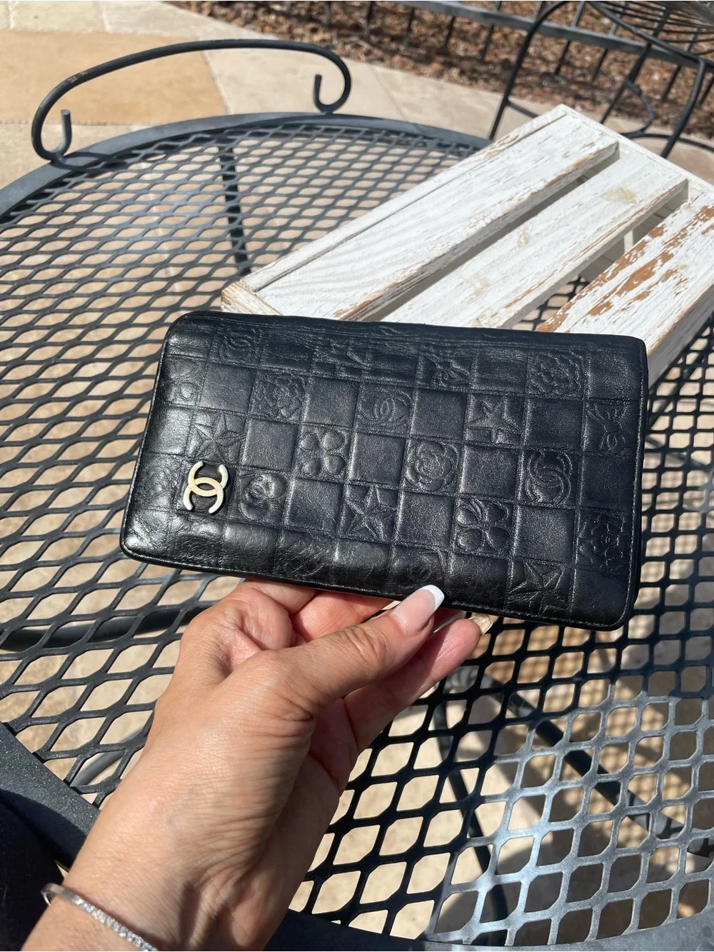 CHANEL Black Quilted Embossed Leather Wallet Clutch with Gold CC