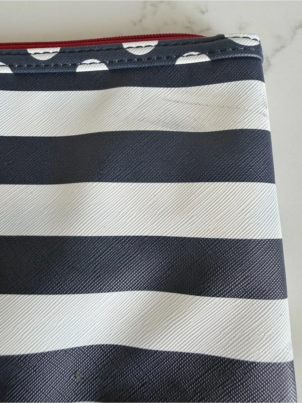 Striped Navy and White Zip Pouch with Red Lining