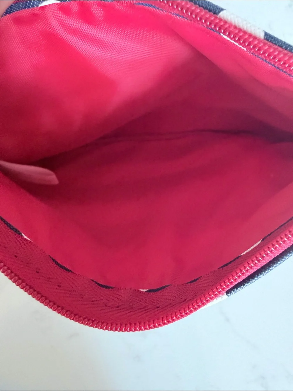 Striped Navy and White Zip Pouch with Red Lining