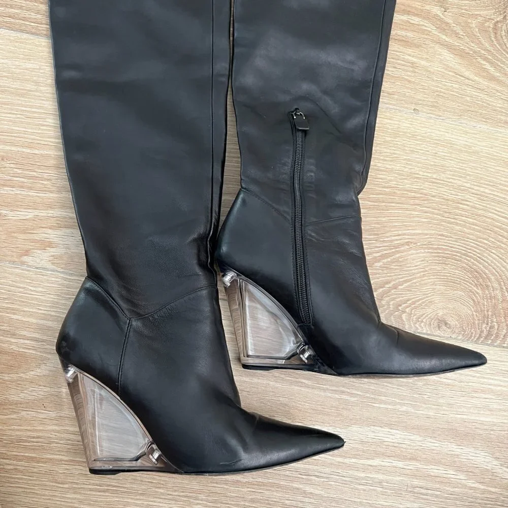 Stuart Weitzman Black Leather Lucite Wedge Over the Knee Boots