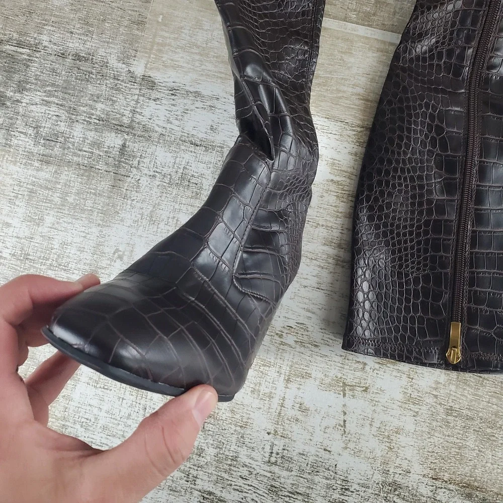 Franco Sarto Talfer Womens Knee-High Boots Sz 7‎ M Brown Croc Print Side Zipper