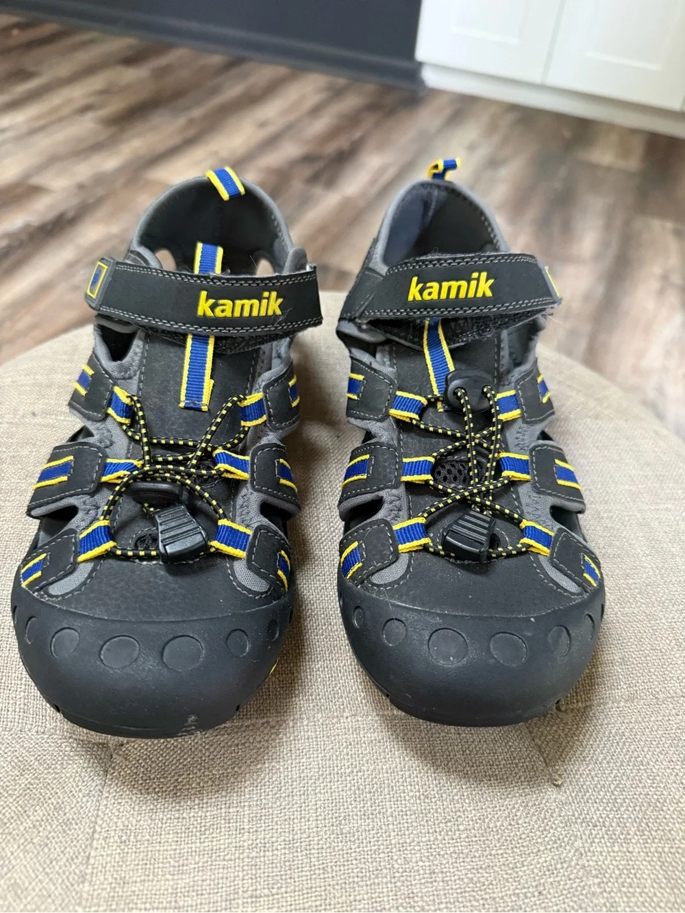 Kamik Black Sport Sandals with Yellow Accents