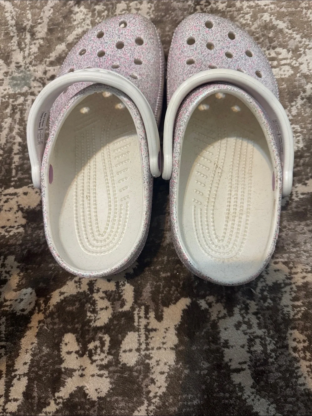 CROCS Kids' Glitter Clog in White with Pink and Blue Sparkle