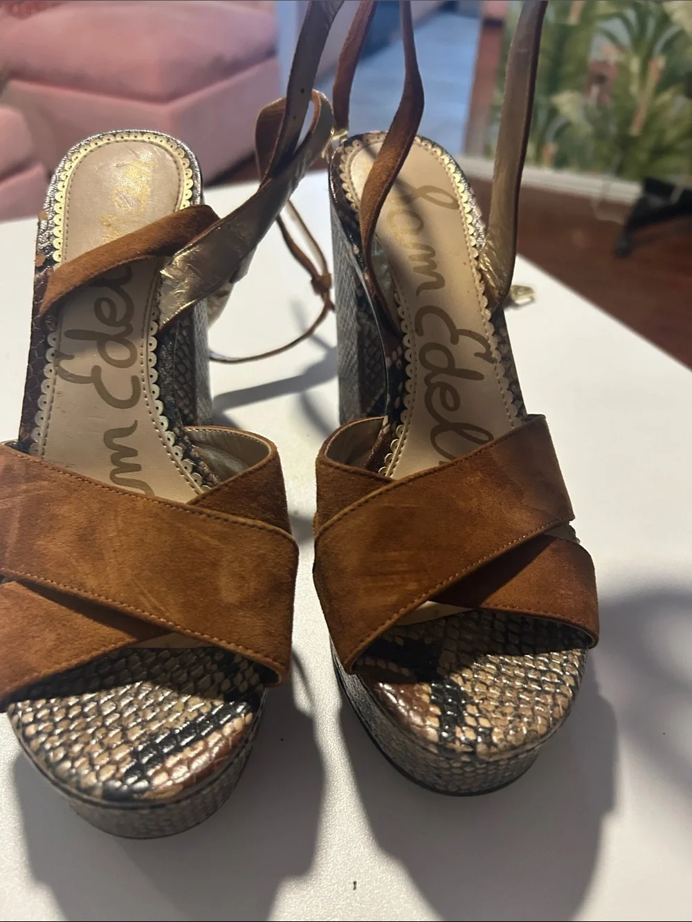 Sam Edelman Brown Suede Platform Sandals with Snakeskin Heel