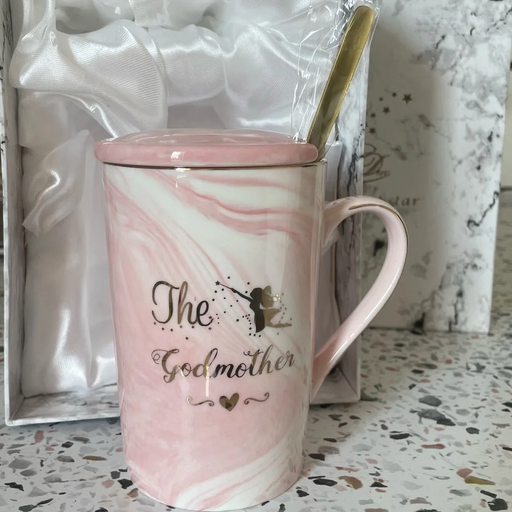 Chic Pink Marble Godmother Mug with Gold Spoon
