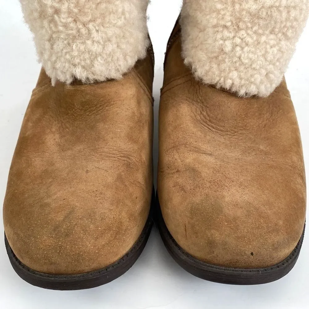 UGG Blayre II Boots Women's Tan Suede Cream Shearling Buckle Sz 9.5 Boho Western