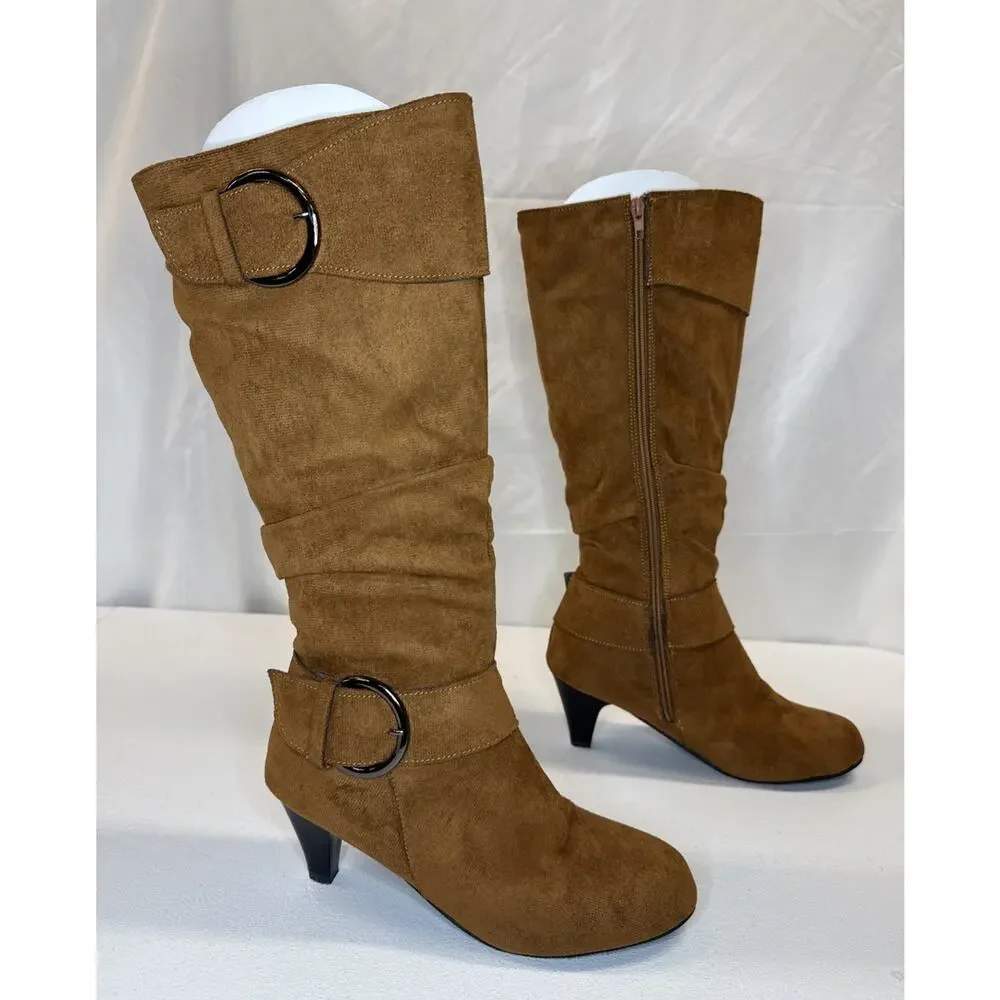 Women’s Suede Slouchy Knee High Boots Brown Buckle Kitten Heel EU 41 Fits US 8.5