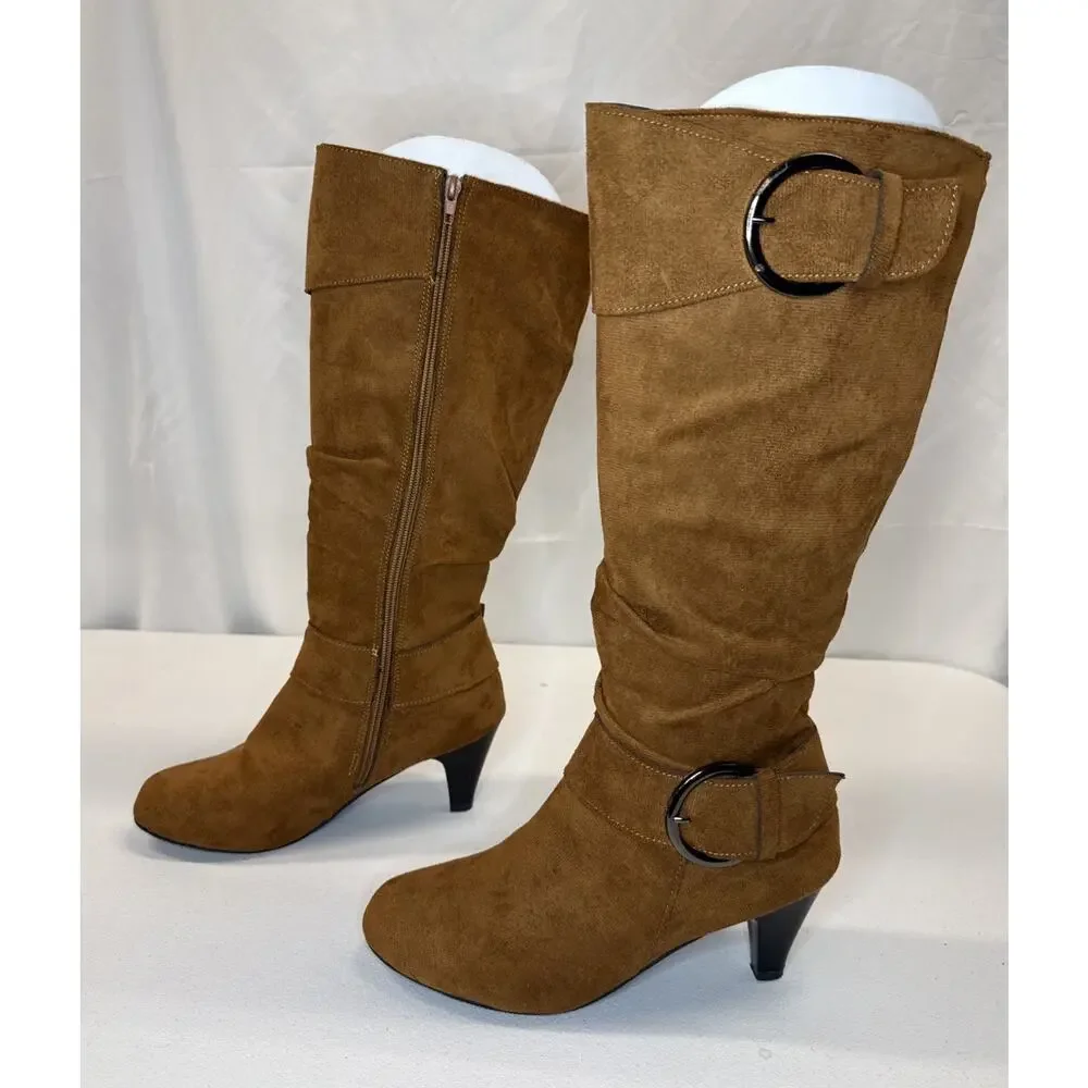 Women’s Suede Slouchy Knee High Boots Brown Buckle Kitten Heel EU 41 Fits US 8.5