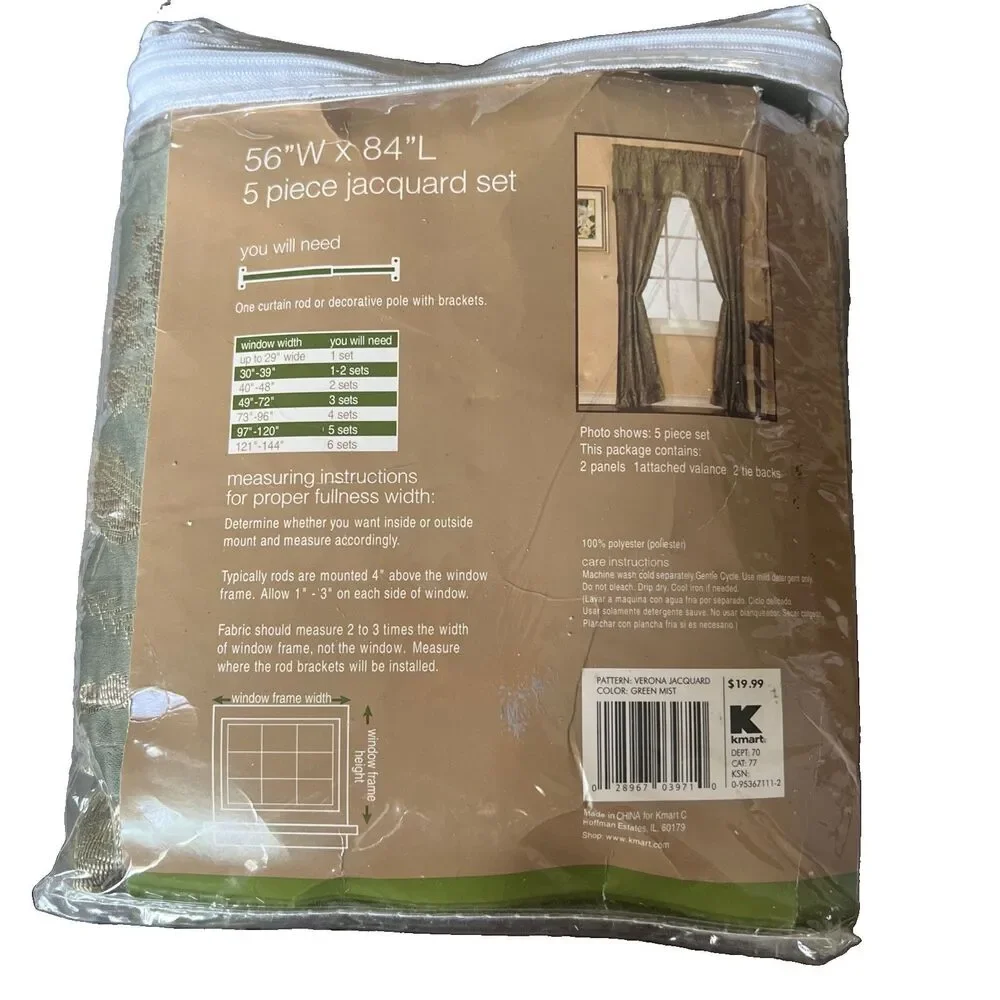 Vintage Verona Jacquard 5 Piece Curtains Green Mist Window Decor 56 x 84 New