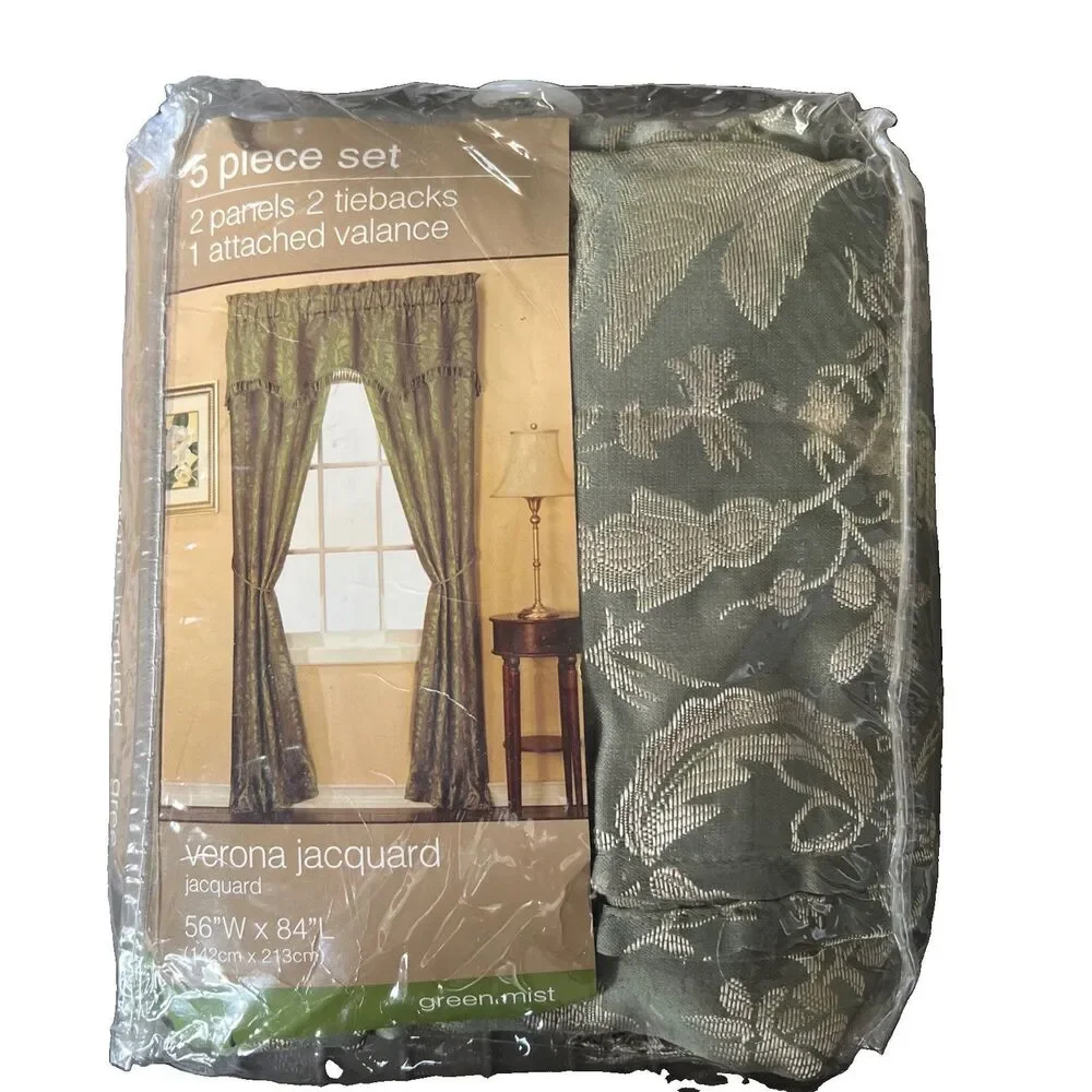 Vintage Verona Jacquard 5 Piece Curtains Green Mist Window Decor 56 x 84 New