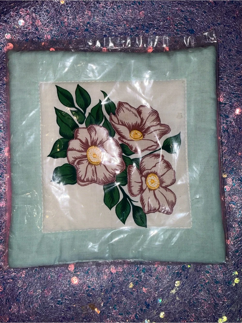 957- Vintage Kitchen Craft Floral Patchwork Linen Tea Towel - Mint Green
