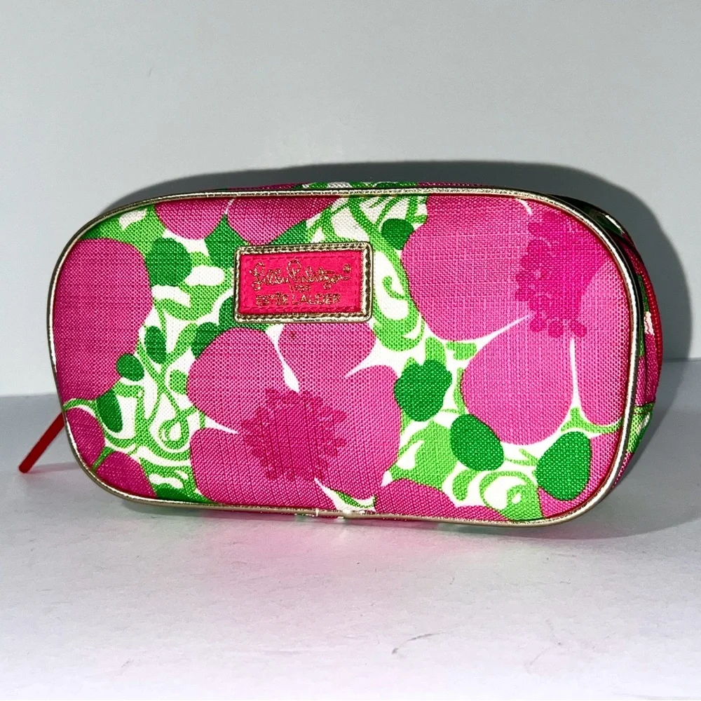 Lilly Pulitzer For Estee Lauder Pink and Green Floral Cosmetic Bag