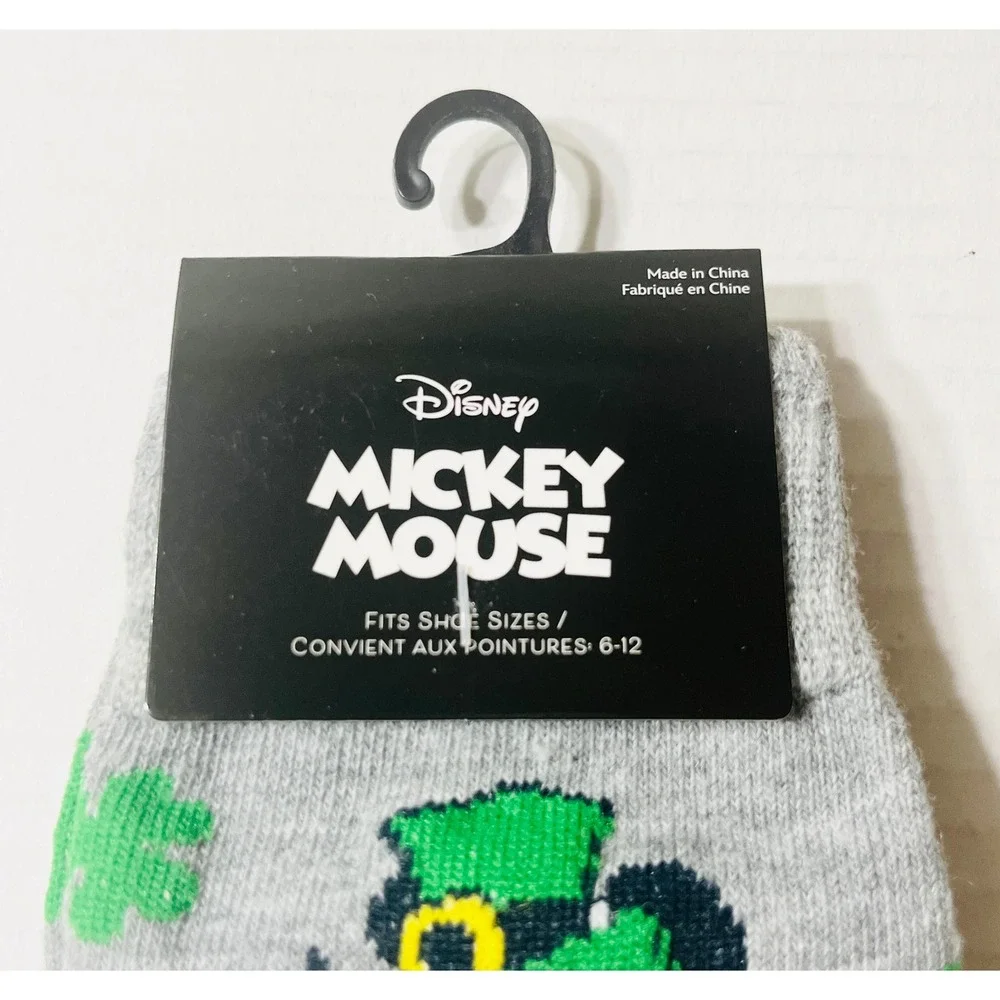 Disney Mickey Mouse Socks 6-12 St Patricks Day Leprechaun Lucky Shamrock Gray