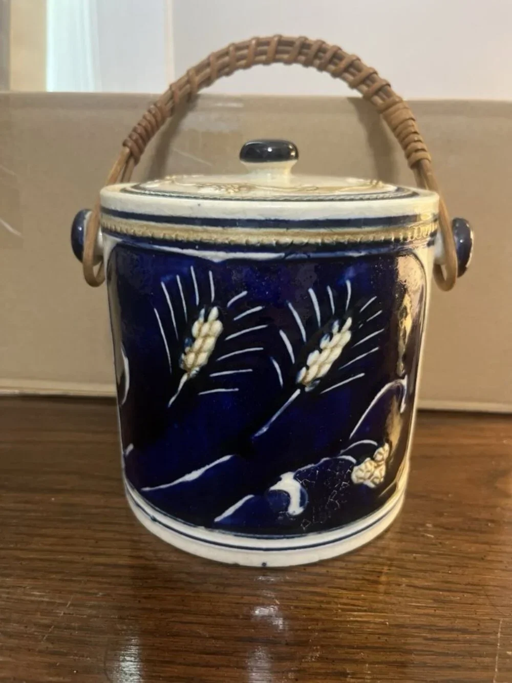 Vintage 1950 Salt Glaze Tobacco Jar Biscuit Japan Bosque Ice Bucket Wheat Wicker