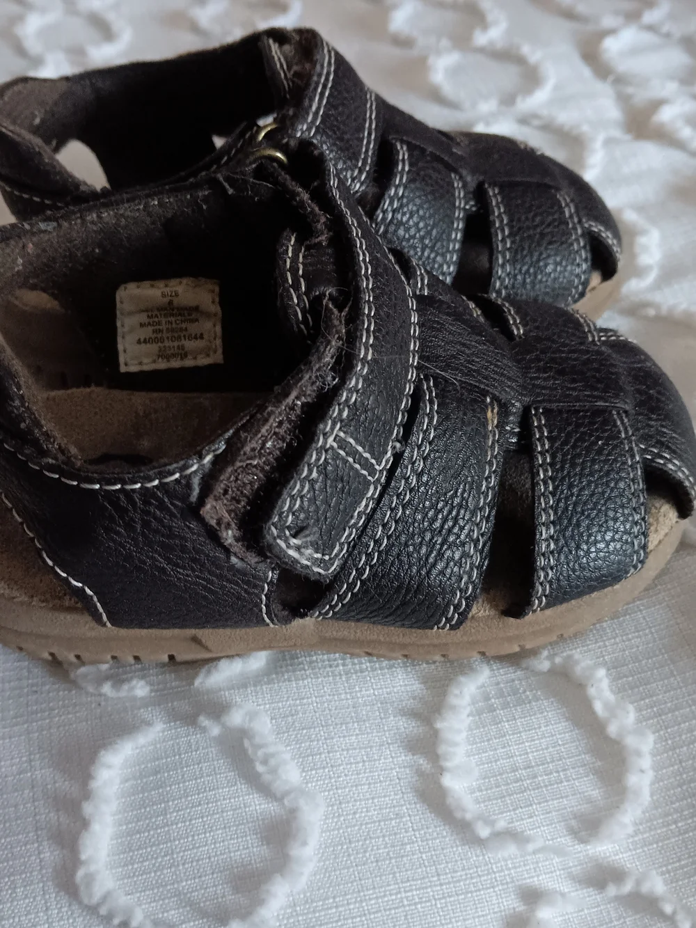 Kids Dark Brown Leather Sandals with White Stitching