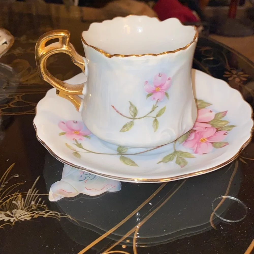 Antique 1989 Lefton China Hand Painted Cherry Blossoms Tea cup and saucer