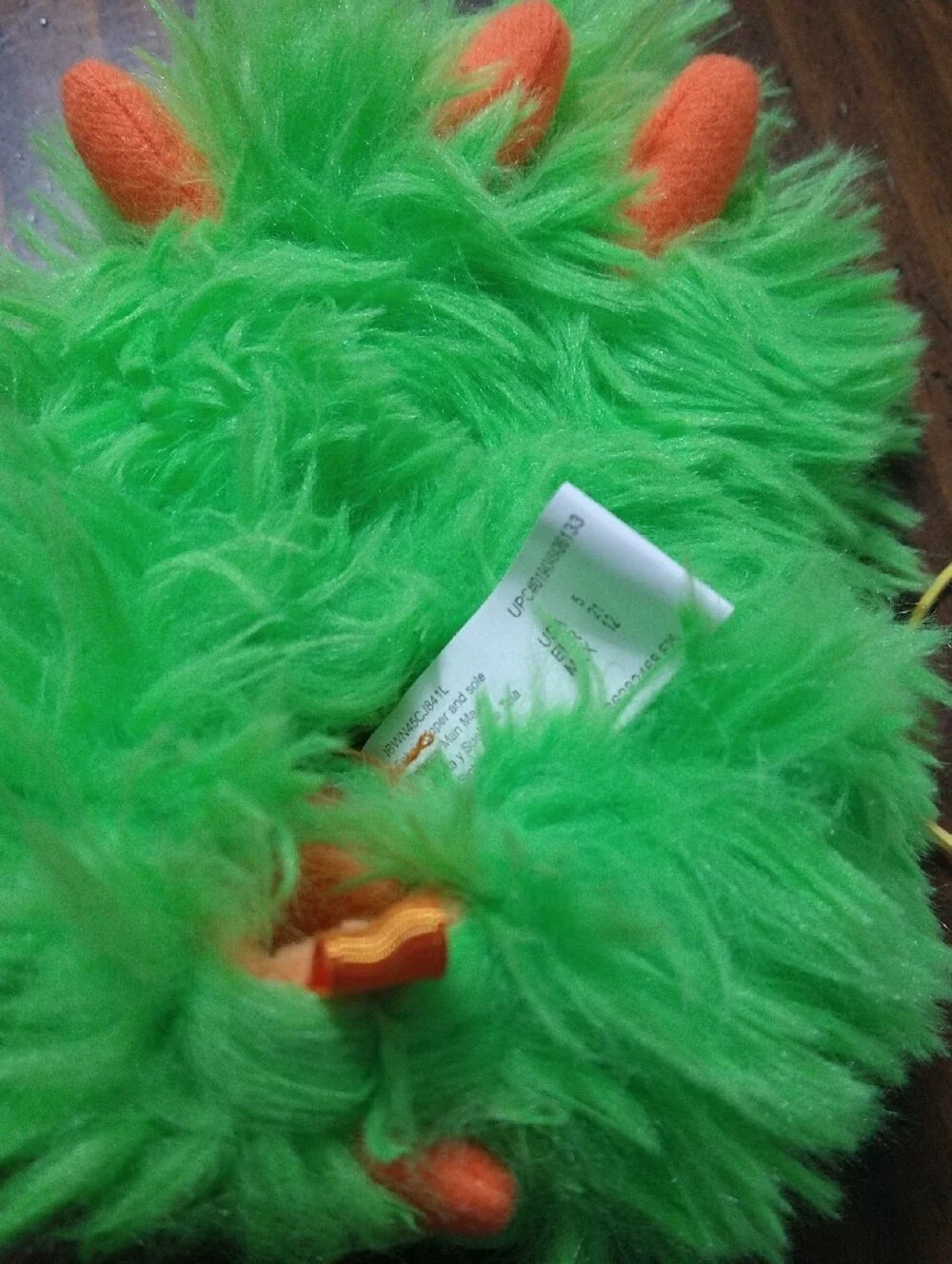 Wonder Nation Green Fuzzy Monster Slippers with Orange Accents