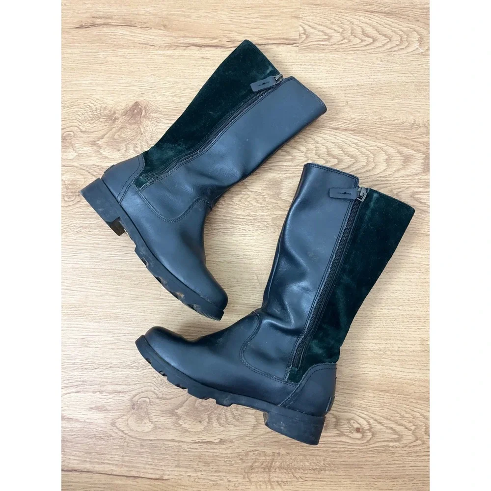 Sorel Gorpcore Emelie Tall Waterproof Boot Kids 3 Black Leather Suede NY1943-010