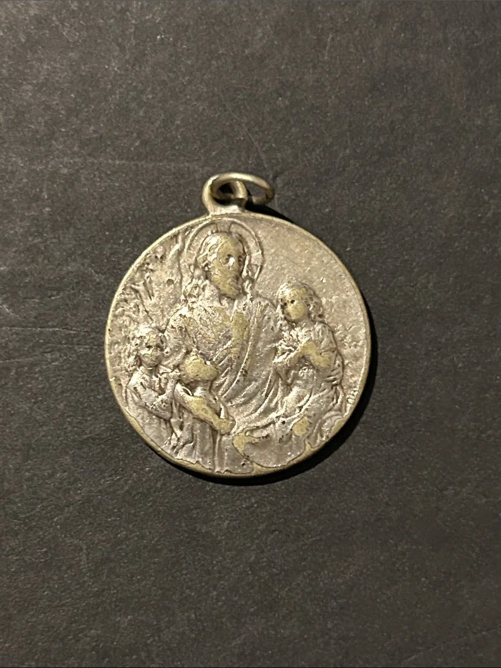 Religious Jesus and Children Round Medal Pendant in Antique Silver Tone