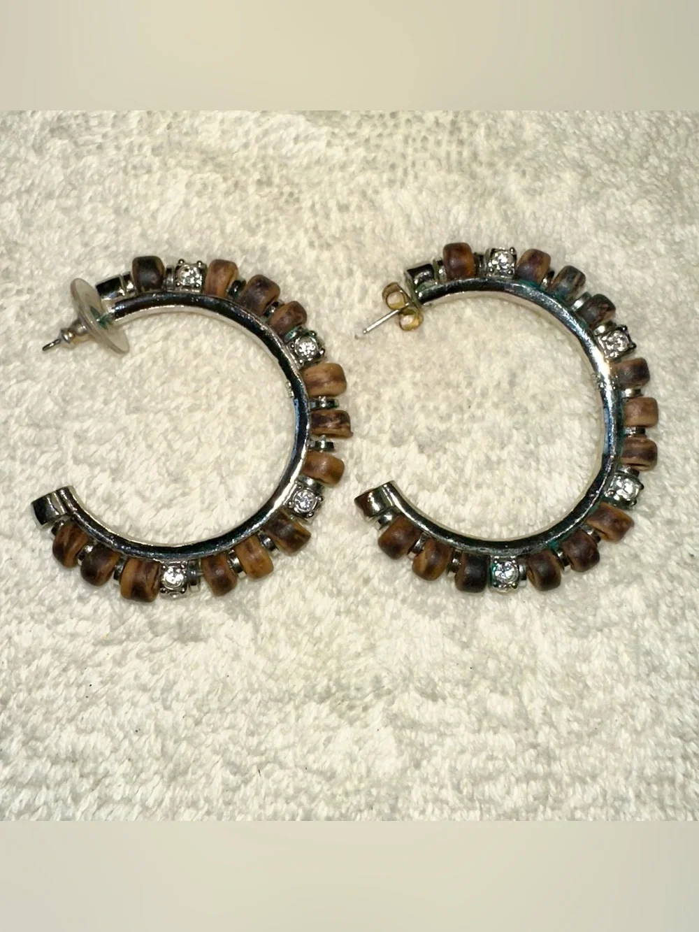 Authentic Givenchy 925 Silver Wood Bead Rhinestone Half Hoop Earrings Y2K