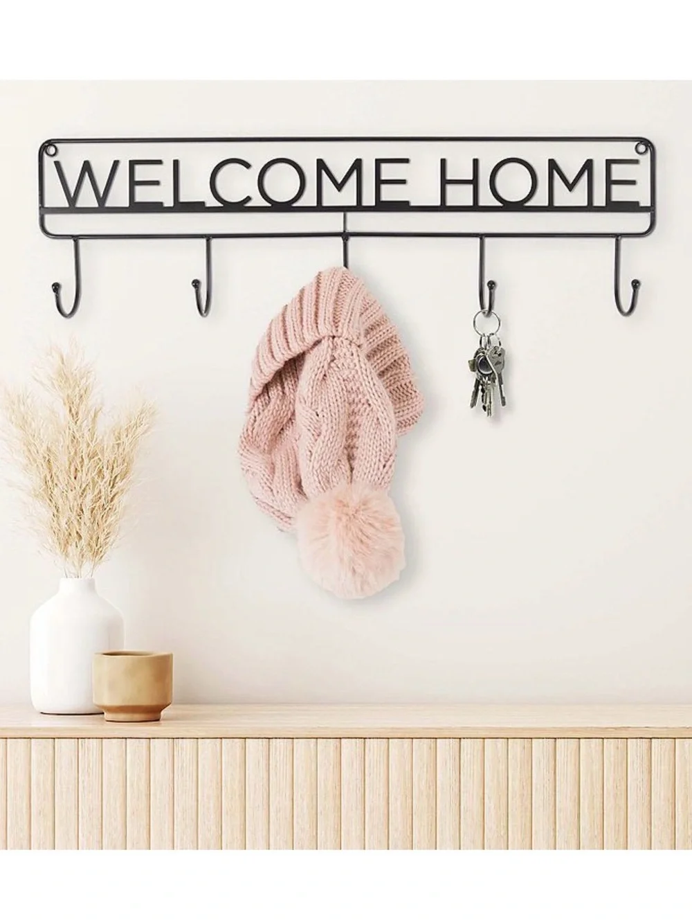 Welcome Home Wall Hook Rack - Black Metal Coat and Key Organizer