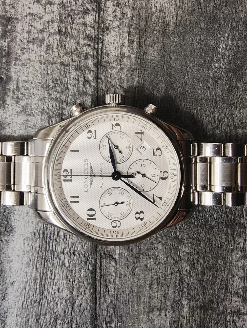 Longines Master Collection Chronograph with White Barelycorn Dial and Blue Hands