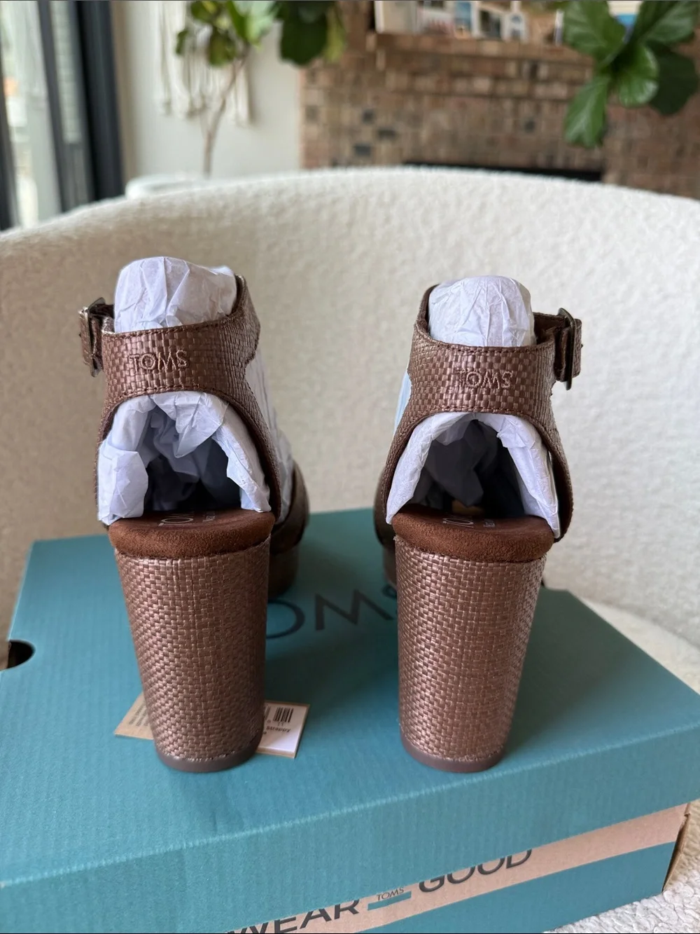 TOMS Majorca Ankle Strap Platform Sandal hot chocolate raffia size 6.5 NWT