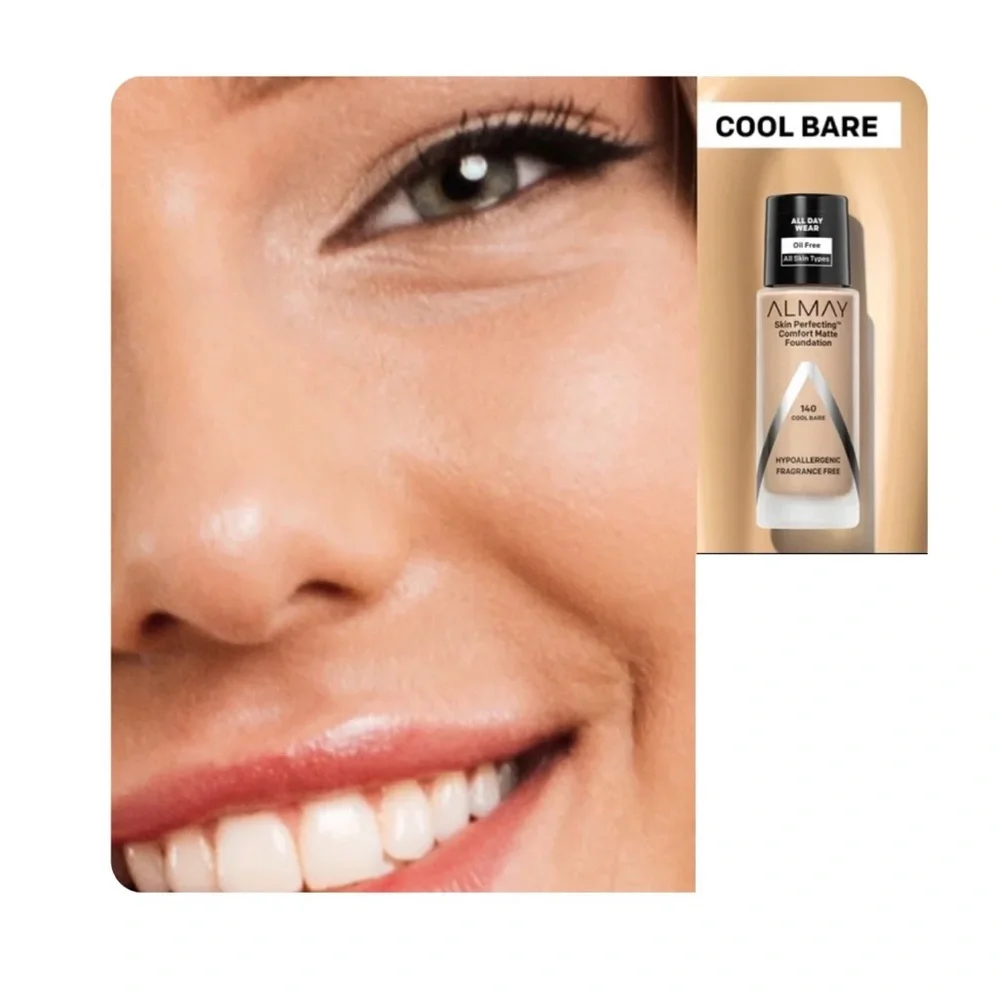 Almay Skin Perfecting Matte Foundation Makeup, Hypoallergenic, 140 Cool Bare