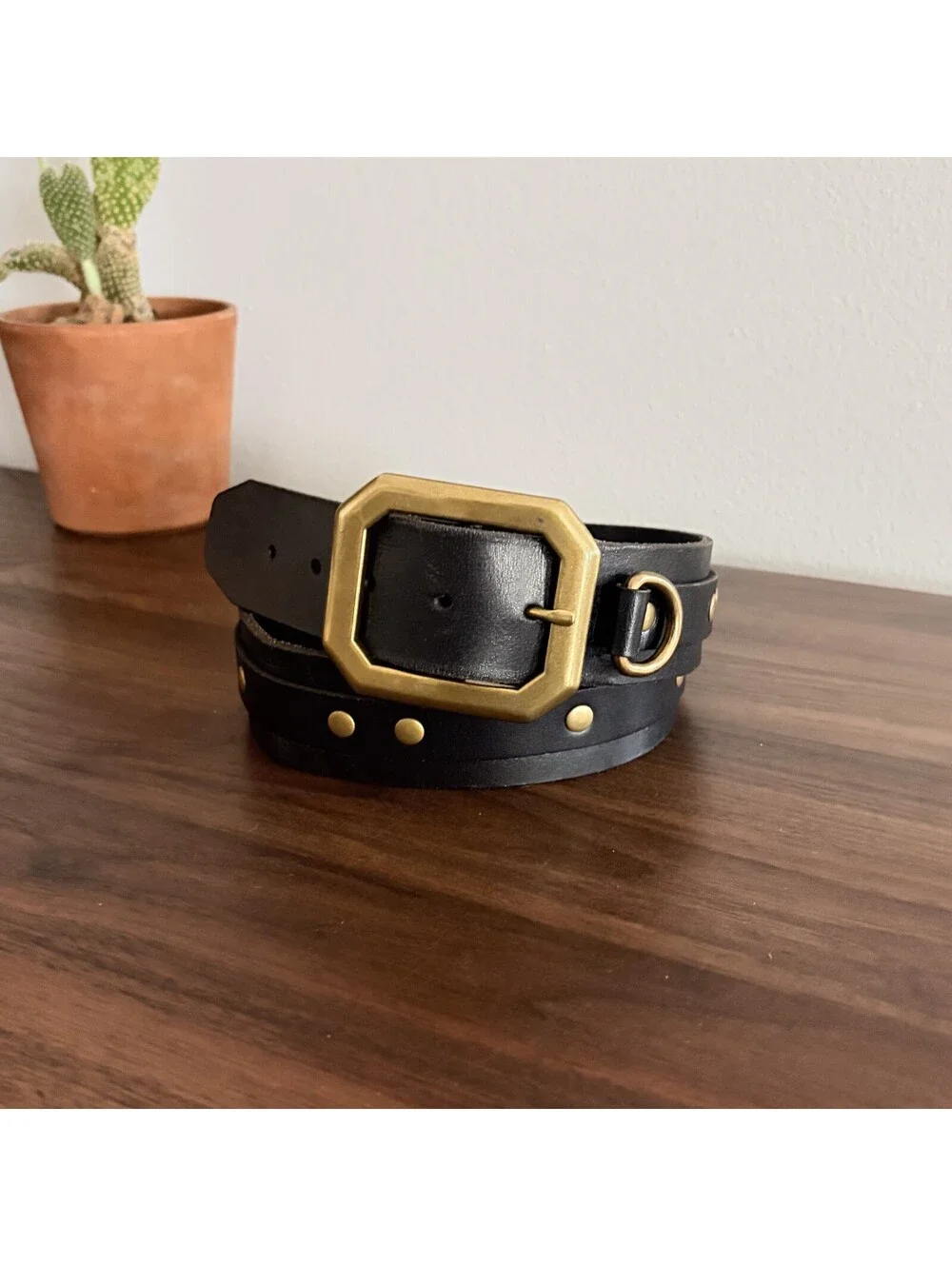 Western Leather Belt Brown Gold Metal Studs and Buckle