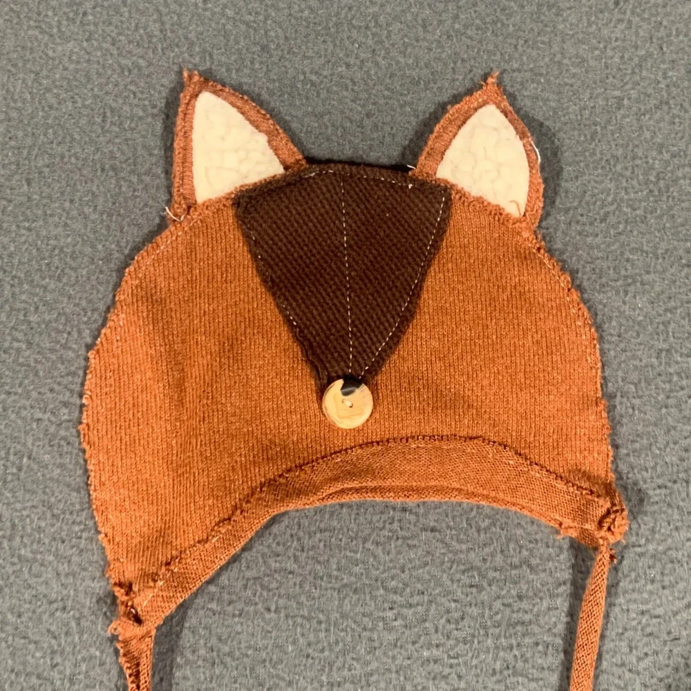 Vintage Knit Fox Winter Hat Baby 0-3 M Rust Orange Animal Ear Woodland Forest
