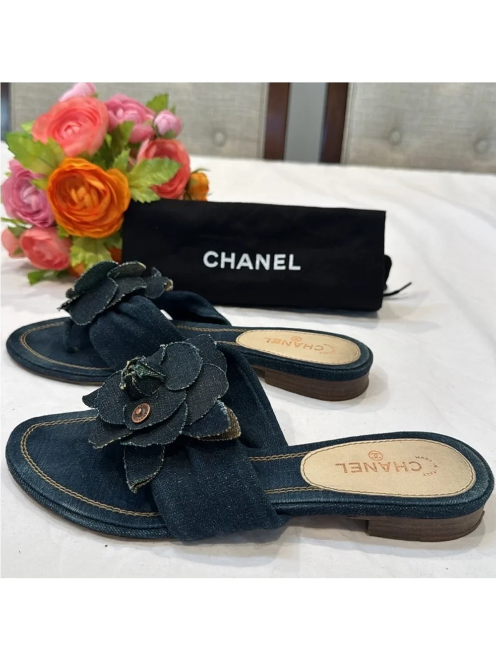 Authentic  CHANEL Dark Blue Denim Slide Sandals with Flower Design