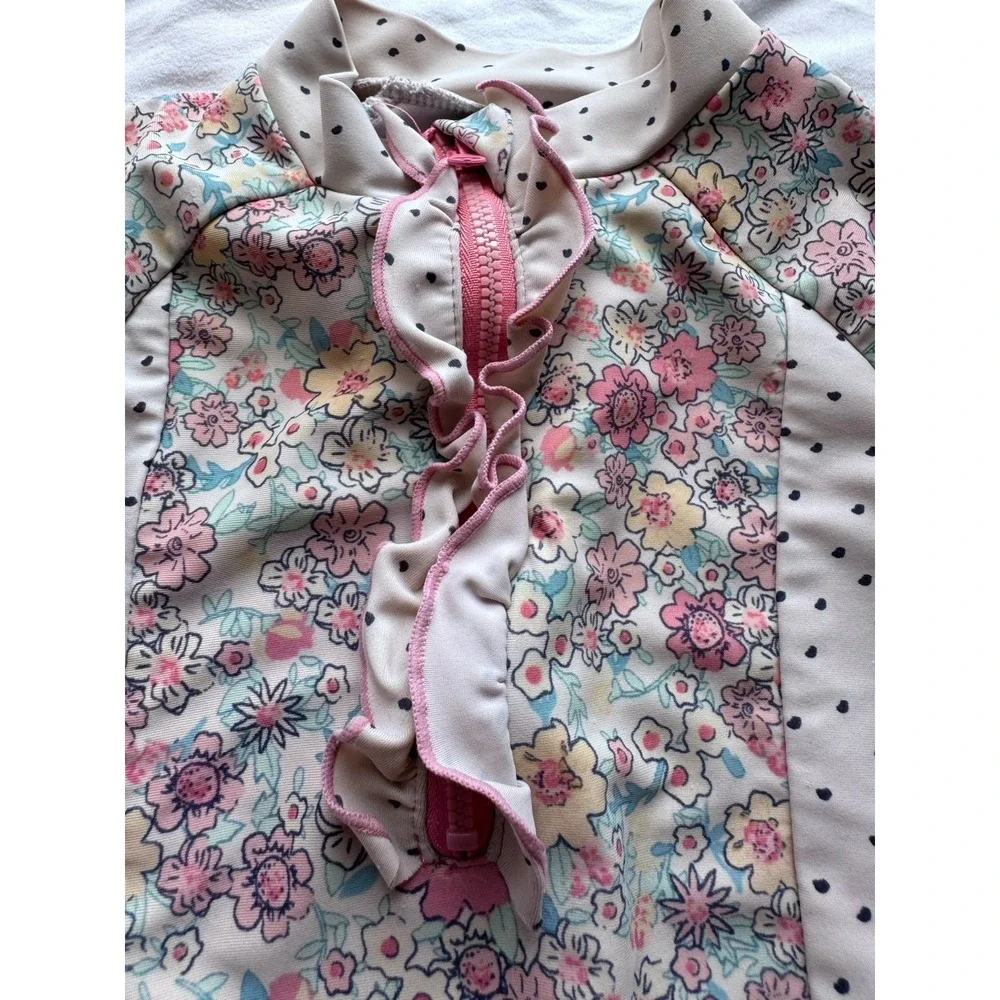 Jessica Simpson Floral Long Sleeve One Piece Swimsuit In Pink And Cream, Size 2T