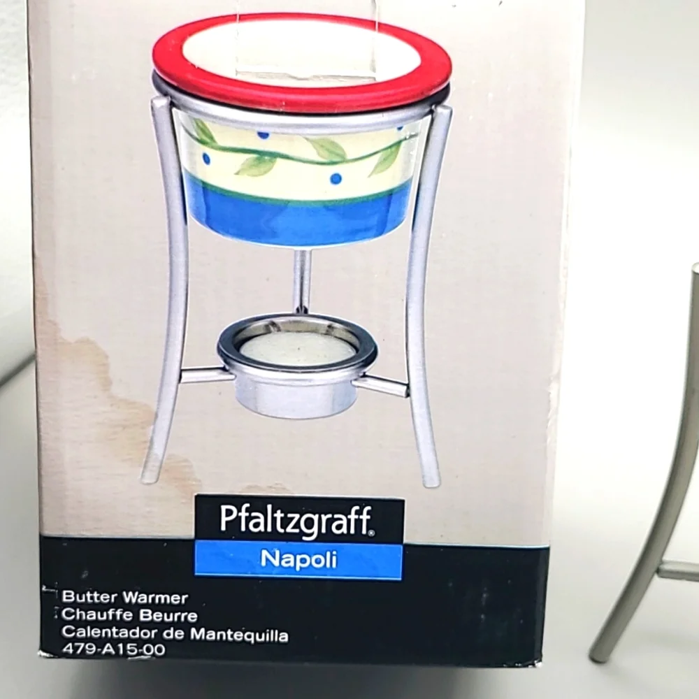 Pfaltzgraff Butter Warmer with Cup & Metal Stand Napoli Stoneware, NIB
