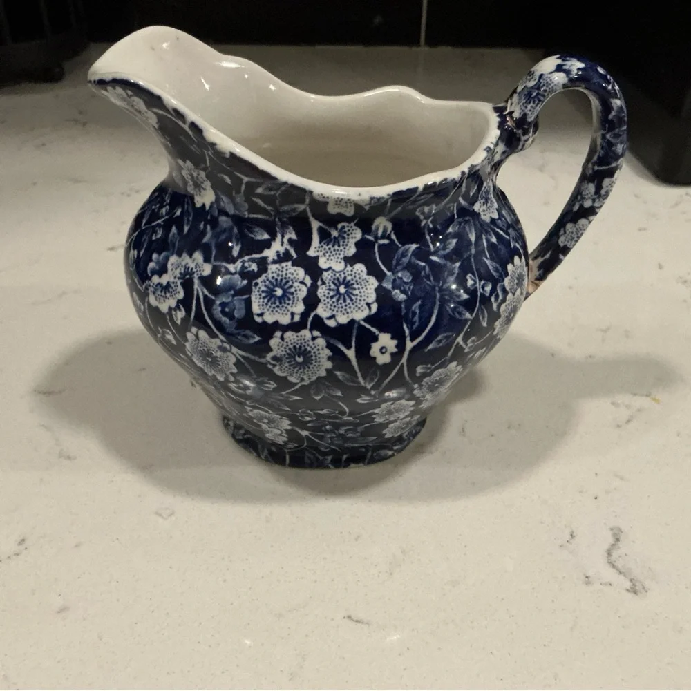 Calico Staffordshire Floral Blue and White Ceramic creamer dish 4”