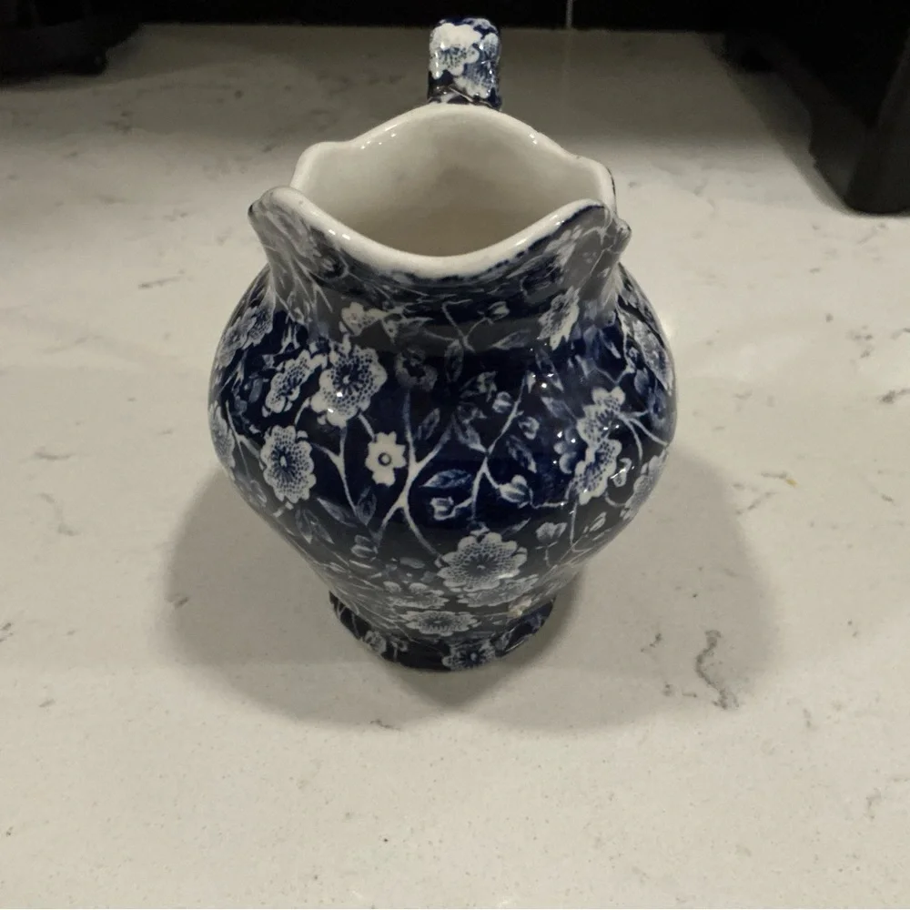 Calico Staffordshire Floral Blue and White Ceramic creamer dish 4”