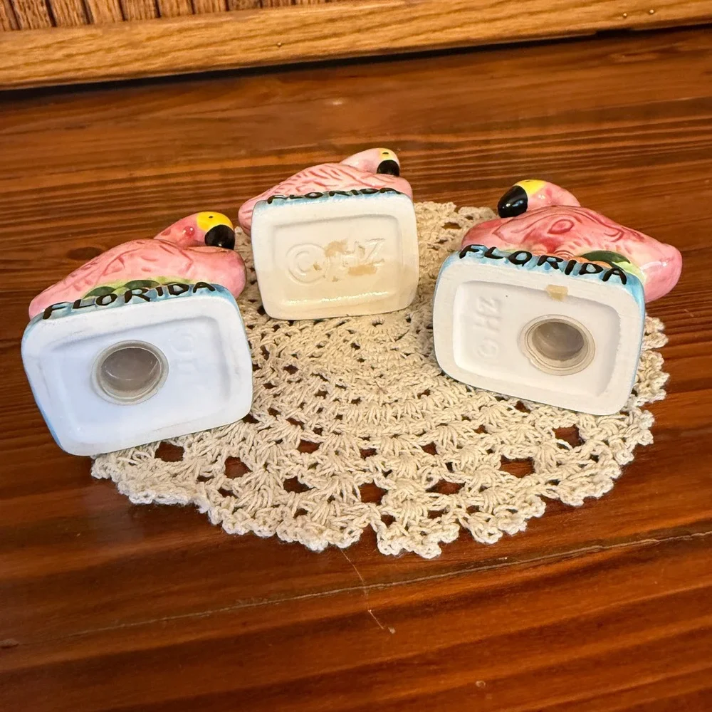 ZH Flamingo Salt Pepper Shakers Toothpick Holder Set Florida Pink Excellent 3pc