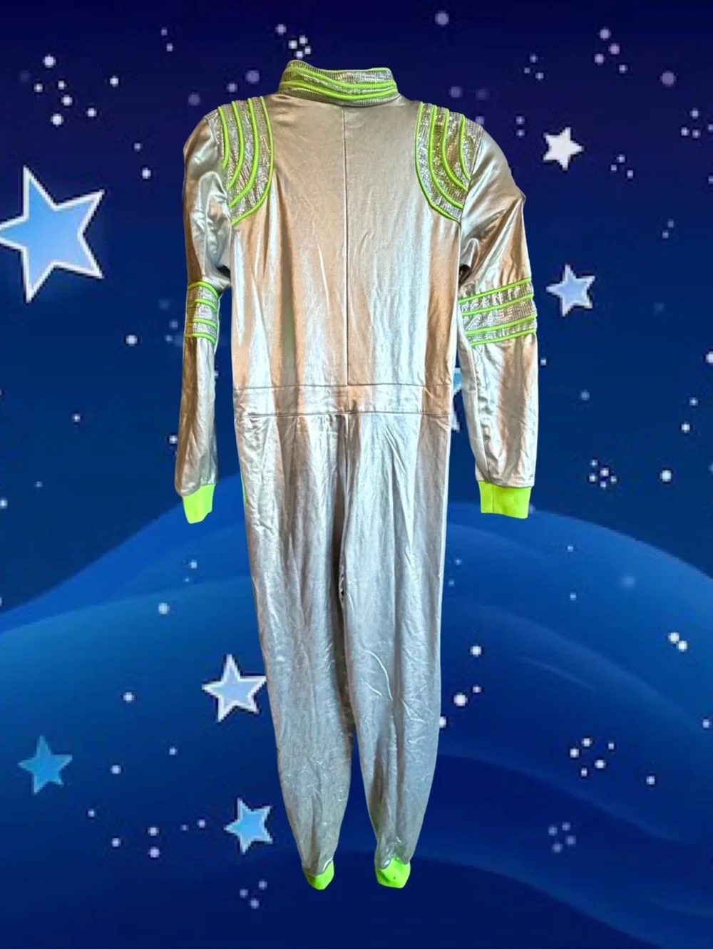 Retired Spirit Silver and Neon Green Kids Galaxy Jumpsuit Costume Child Size Lg