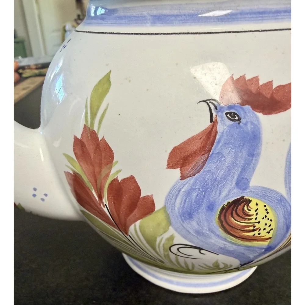 Henriot Quimper France Hand Painted Rooster Floral Large Teapot C2000 Vtg Unused