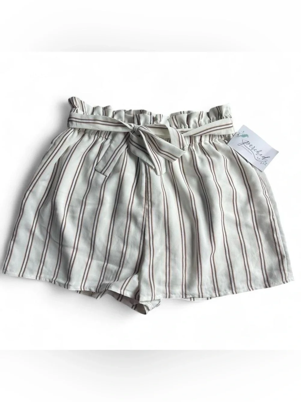 Staccato Cream High-Waist Striped Paperbag Shorts with Tie