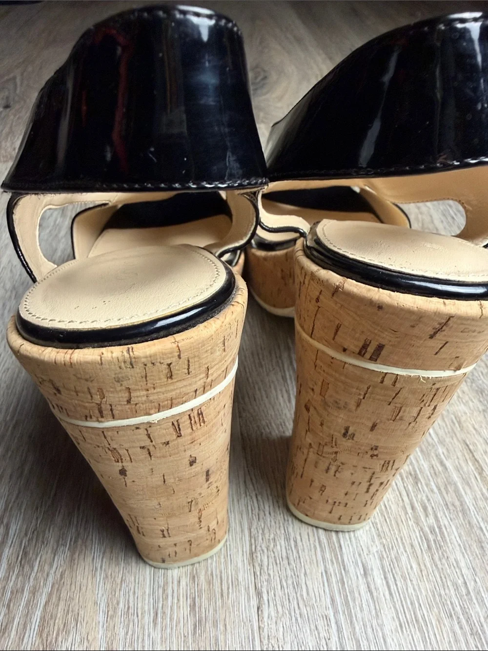 Calvin Klein Black Patent Cork Platform Block Heel Sandals Size 10B