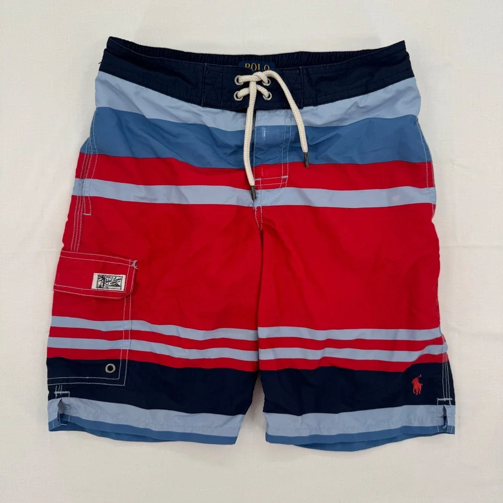 Polo Ralph Lauren Swim Trunks Boys Size 8 Red & Navy Blue Striped Board Shorts