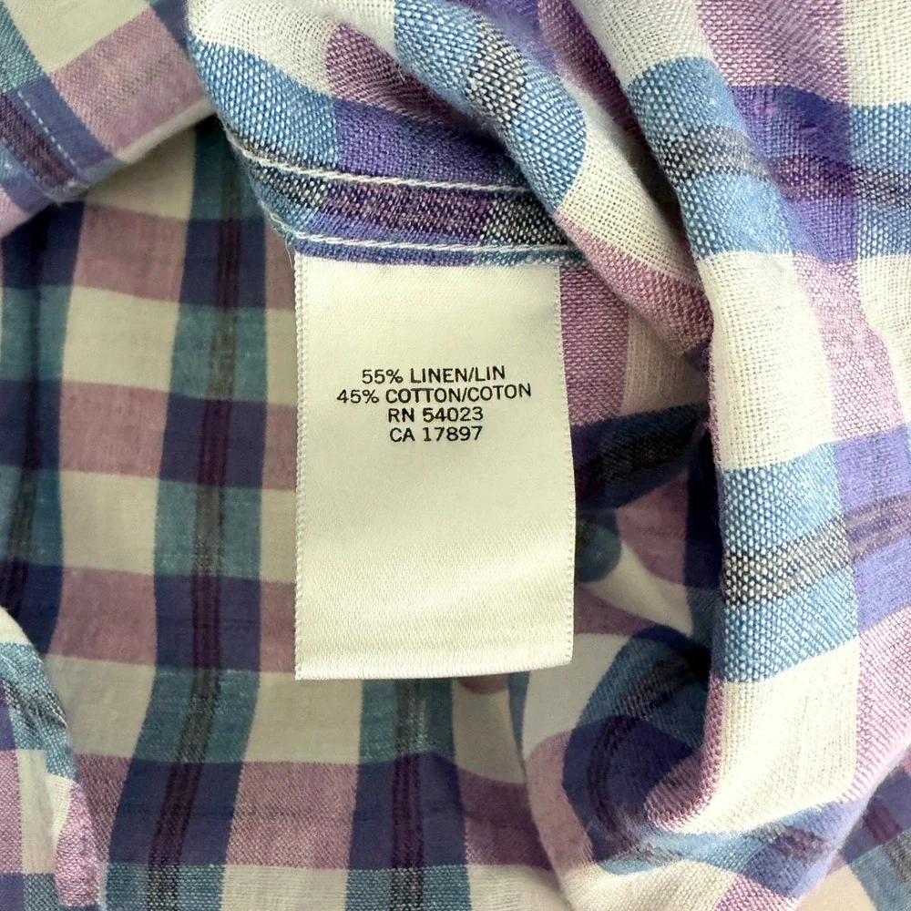 Banana Republic Linen Blend Button Up Shirt Mens L Purple Plaid Roll Tab Sleeve
